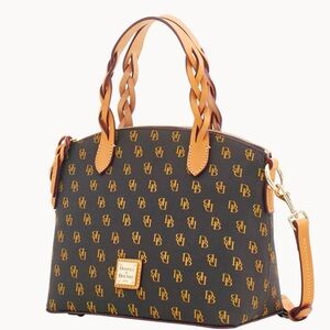 Dooney & Bourke Brown Logo Satchel with Tan Braided Handles